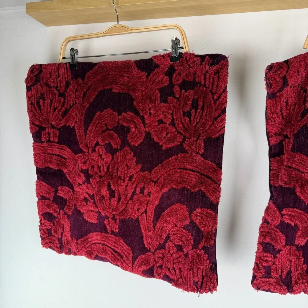 Pottery Barn Burgundy Red Damask Textured 22x22 Pillow Covers Set of 2